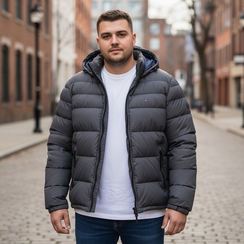 Tommy Hilfiger Puffer Jacket XXL Gray Hooded Quilted Nylon Zip Coat Men’s Winter